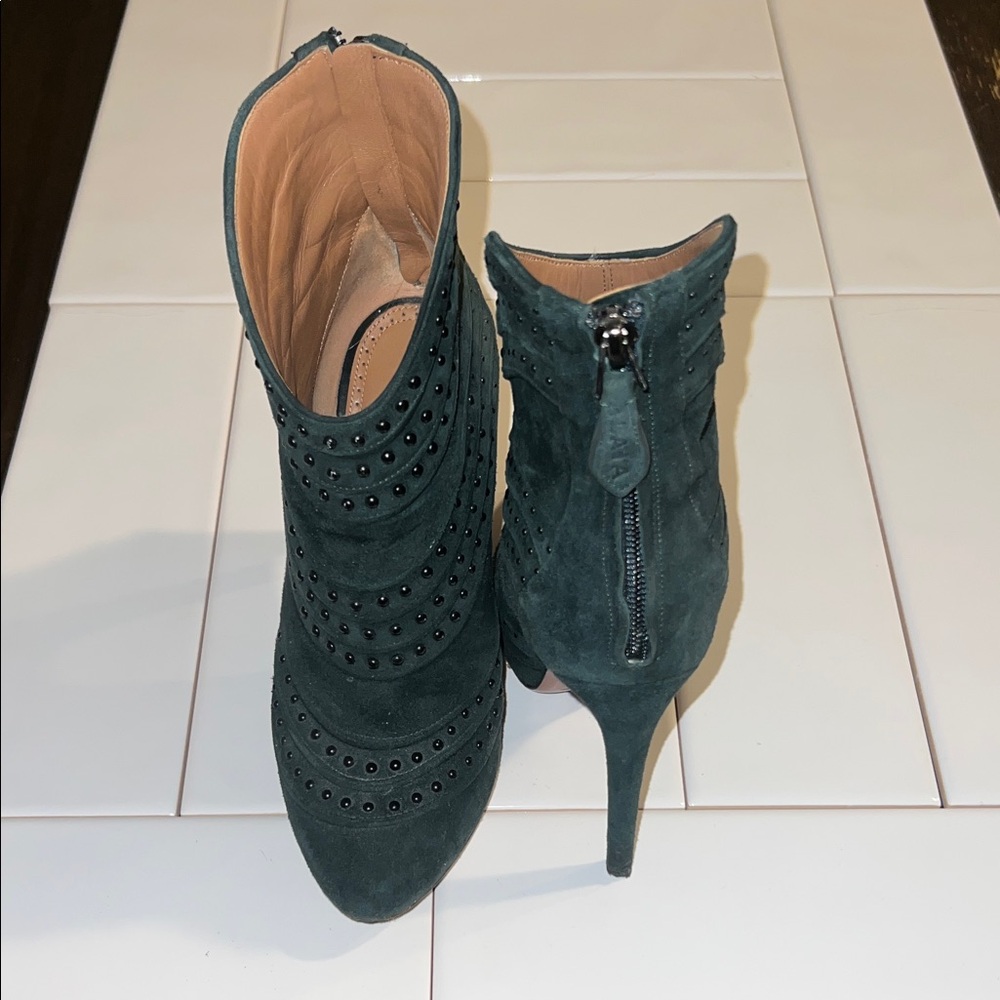 Alaia Dark Teal Studded Ankle Boots